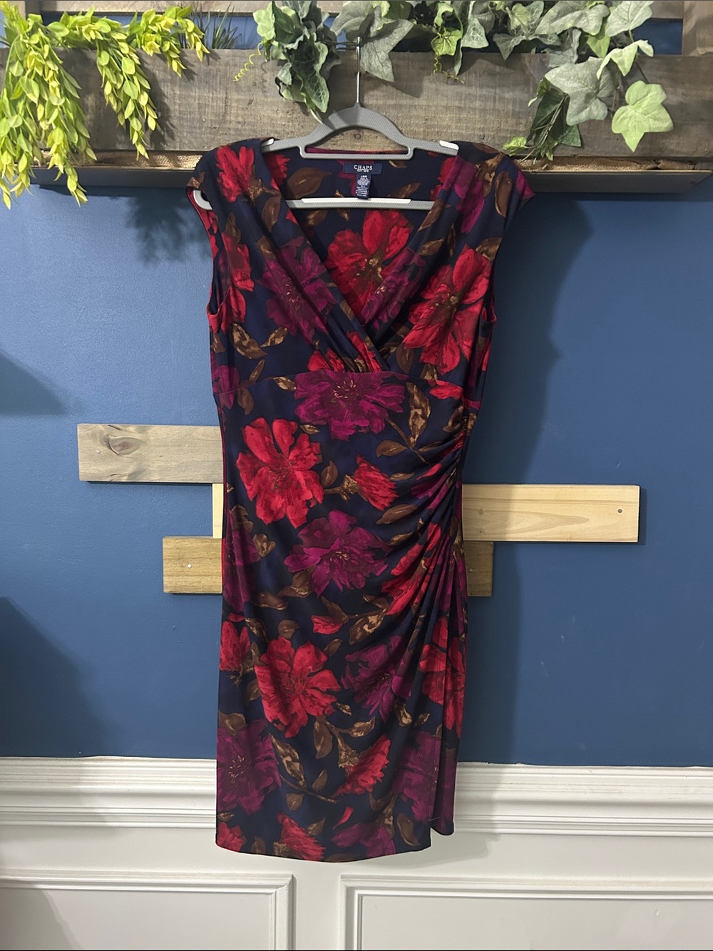 Chaps Navy Sleeveless Midi Dress with Red & Magenta Navy Floral Lrg